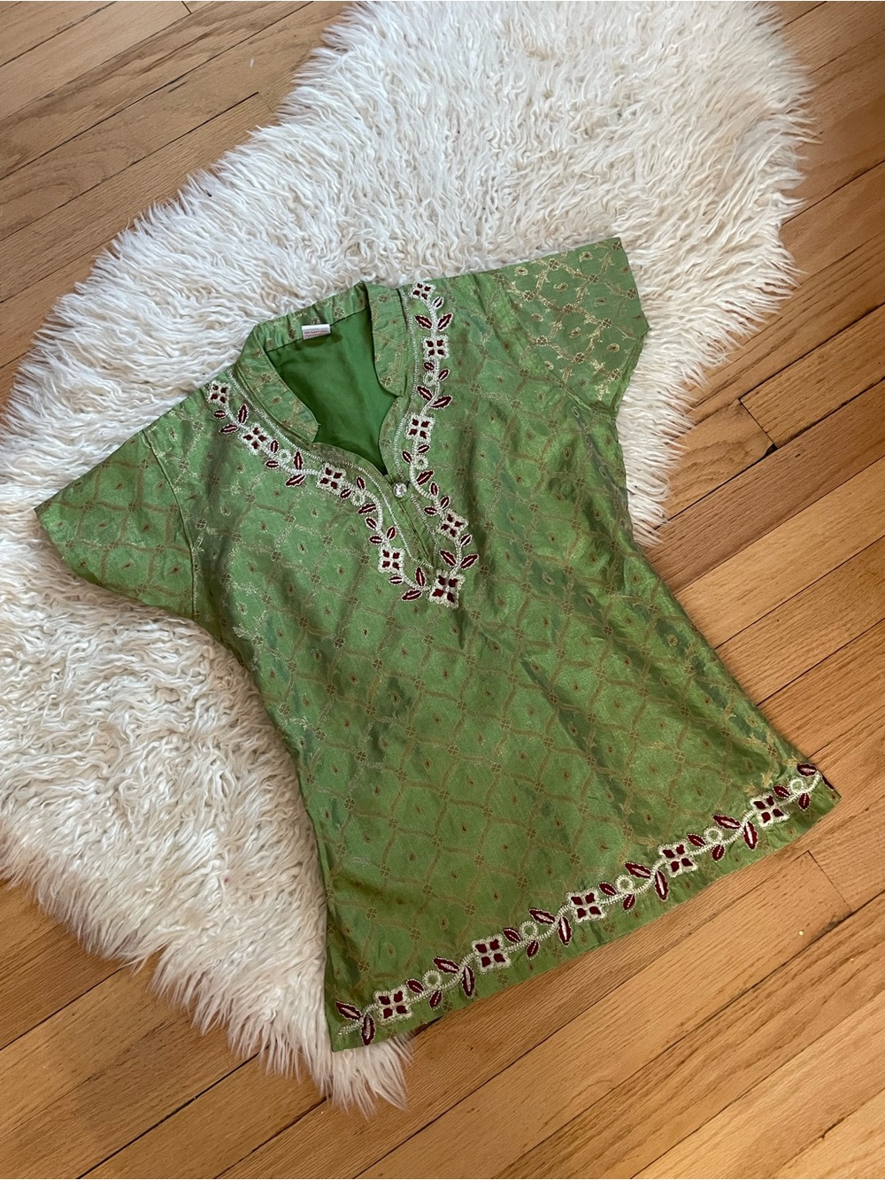 Embroidered Green Tunic Top with Contrast Trim